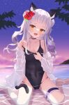  1girl :d absurdres animal_ear_fluff animal_ears bangs bare_shoulders blue_swimsuit blunt_bangs breasts bridal_garter cameltoe cat_ears commentary covered_navel evening fang flower hair_flower hair_ornament head_tilt hibiscus highres hololive in_water light_purple_hair long_hair looking_at_viewer murasaki_shion ocean one-piece_swimsuit open_clothes open_mouth open_shirt saki_(saki_paint) see-through see-through_shirt shirt sitting sky small_breasts smile solo star_(sky) starry_sky strap_slip sunset swimsuit virtual_youtuber wariza wavy_hair white_shirt yellow_eyes 
