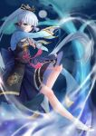 1girl armguards armor bangs blue_eyes blunt_bangs blurry bly-yuan breastplate breasts bridal_gauntlets cleavage commentary_request depth_of_field fighting folding_fan full_moon genshin_impact grey_hair hair_ornament hair_ribbon hakama hakama_skirt hand_fan highres holding holding_fan japanese_clothes kamisato_ayaka long_hair looking_at_viewer mole mole_under_eye moon night night_sky parted_lips ponytail ribbon short_sleeves sidelocks skirt sky socks solo tress_ribbon 
