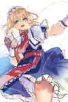  1girl :d alice_margatroid blonde_hair blue_dress blue_eyes capelet dress hairband highres lolita_hairband looking_at_viewer open_mouth sash sketch smile solo touhou unfinished usushio white_capelet 
