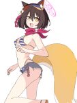  alternate_costume animal_ears blue_archive breasts commentary_request fang fox_ears fox_tail hair_ornament halo izuna_(blue_archive) karon_(karon_cha) looking_at_viewer medium_breasts medium_hair scarf short_shorts shorts simple_background swimsuit tail visor_cap white_background 