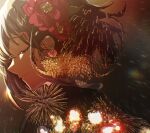  1girl absurdres aerial_fireworks bangs blurry bob_cut closed_eyes closed_mouth commentary_request double_exposure eyelashes fireworks flower from_behind from_side highres ikanaide_(vocaloid) japanese_clothes kika kimono night night_sky original portrait profile red_flower short_hair sky smile solo vocaloid yukata 