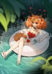  1girl absurdres angelina_(arknights) animal_ears arknights arm_rest bare_legs bare_shoulders blurry blurry_foreground breasts choker cleavage closed_mouth commentary crossed_legs ett flower fox_ears fox_tail full_body hair_ornament halterneck highleg highleg_swimsuit highres innertube large_breasts leaning_back long_hair nature off_shoulder one-piece_swimsuit orange_eyes orange_hair orange_tail outdoors plant red_ribbon red_swimsuit ribbon shirt sidelocks sitting smile solo spaghetti_strap swimsuit tail tied_shirt twintails water white_footwear white_shirt 