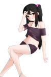  1girl adachi_tenka bangs bare_legs bare_shoulders black_hair black_shirt black_shorts blush bra_strap brown_eyes crop_top feet_out_of_frame groin hair_bobbles hair_ornament hand_up highres long_hair looking_at_viewer midriff navel off-shoulder_shirt off_shoulder shirt short_shorts short_sleeves shorts shoujo_ramune sidelocks simple_background solo stomach thighs two_side_up very_long_hair white_background zerotwenty_(020) 