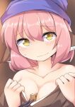  1girl animal_ears bird_ears blush breasts closed_mouth collarbone food food_on_body fun_bo hair_between_eyes head_scarf japanese_clothes large_breasts mystia_lorelei okamisty pink_hair sexually_suggestive short_hair solo touhou upper_body yellow_eyes 