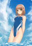 1girl arms_behind_back blue_sky blue_swimsuit breasts brown_hair cloud commentary_request competition_swimsuit green_eyes highleg highleg_swimsuit itsuki_(rocketride) looking_at_viewer master_of_epic one-piece_swimsuit short_hair sky small_breasts soaking_feet solo swimsuit water 
