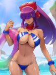  1girl absurdres android bangs bikini blunt_bangs breasts dark-skinned_female dark_skin green_eyes hair_over_eyes highres hime_cut innertube large_breasts layer_(mega_man) long_hair looking_at_viewer mega_man_(series) mega_man_x_(series) ocean official_alternate_costume outdoors purple_hair red_scarf robot_ears scarf sky smile solo swimsuit water yen-hui_chen 