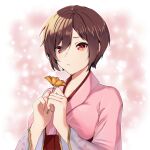  1girl absurdres brown_hair closed_mouth flower frown hair_between_eyes hands_up highres holding holding_flower japanese_clothes kimono meiko pink_background pink_kimono project_diva_(series) red_eyes short_hair solo vocaloid wide_sleeves yellow_flower yen-mi 