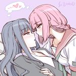  2girls bangs black_dress blue_eyes blue_hair blunt_bangs blush braid breasts dress eye_contact face-to-face heart imminent_kiss kamihama_university_affiliated_school_uniform long_hair looking_at_another lying_on_person magia_record:_mahou_shoujo_madoka_magica_gaiden mahou_shoujo_madoka_magica medium_breasts multiple_girls nanami_yachiyo pink_eyes pink_hair purple_background school_uniform sidelocks small_breasts studiozombie tamaki_iroha thought_bubble yuri 