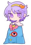  1girl blouse blue_shirt buttons eyeball frilled_shirt_collar frilled_sleeves frills hair_ornament hairband heart heart_button heart_hair_ornament highres komeiji_satori long_sleeves op_na_yarou orange_hairband purple_eyes purple_hair ribbon_trim shirt short_hair simple_background solo touhou white_background wide_sleeves 