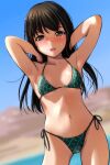  1girl absurdres arms_behind_head arms_up bangs bikini black_hair blurry blurry_background blush brown_eyes commentary_request depth_of_field green_bikini highres long_hair looking_at_viewer matsunaga_kouyou original print_bikini smile solo standing swimsuit 