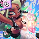 2girls bangs black_hair blunt_bangs breasts cleavage crown dark_skin domino_mask dress face_in_ass fingerless_gloves gloves gradient_hair green_eyes heart highres jacket large_breasts marina_(splatoon) mask monster_girl multicolored_hair multiple_girls numsnam open_clothes open_jacket pearl_(splatoon) scylla selfie splatoon_(series) splatoon_2 squid_girl tentacle_hair thick_eyebrows white_dress white_hair yellow_eyes 