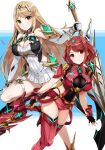  2girls absurdres aegis_sword_(xenoblade) bangs bare_legs bare_shoulders black_gloves blonde_hair breasts chest_jewel cleavage cleavage_cutout clothing_cutout dress earrings elbow_gloves fingerless_gloves gloves highres jewelry large_breasts long_hair multiple_girls mythra_(xenoblade) pyra_(xenoblade) red_eyes red_hair red_shorts short_dress short_hair short_shorts shorts swept_bangs sword thigh_strap thighhighs tiara very_long_hair weapon white_dress white_gloves xenoblade_chronicles_(series) xenoblade_chronicles_2 yellow_eyes yokaze_japan 