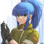  1girl adjusting_clothes adjusting_gloves bangs black_gloves blue_hair earrings gloves green_eyes green_jacket highres holding_own_arm jacket jewelry jupiterbar leona_heidern military military_uniform pocket ponytail solo the_king_of_fighters the_king_of_fighters_xv triangle_earrings uniform 