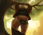  2022 absurd_res anthro belly big_belly bottomwear bottomwear_down bovid bovine brown_body brown_fur bulge cattle clothed clothing detailed_background fur hi_res humanoid_hands male mammal navel outside overweight overweight_male pants pants_down partially_clothed plant shibacream shirt solo topwear tree underwear 
