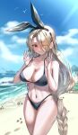  1girl absurdres azur_lane bangs beach beach_chair bikini bikini_pull black_bikini black_hairband blue_sky braid breasts clothes_pull cloud collarbone commentary cowboy_shot day eyes_visible_through_hair grey_hair grin hair_between_eyes hair_over_one_eye hair_ribbon hairband hands_up highres large_breasts light_rays long_hair looking_at_viewer low_braid mins_(pixiv76312998) mole mole_on_breast navel ocean one_eye_closed outdoors parted_bangs prinz_heinrich_(azur_lane) pulled_by_self red_eyes ribbon shadow sidelocks sky smile solo standing stomach sunbeam sunlight swimsuit toned very_long_hair 