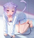  1girl absurdres ahoge alternate_costume animal_ear_fluff animal_ears areola_slip bangs bare_legs barefoot blush breasts cat_ears cat_girl cat_tail full_body hanging_breasts highres hololive leash long_sleeves looking_at_viewer medium_breasts mouth_hold naked_shirt nekomata_okayu no_bra purple_hair purple_ribbon ribbon ribbon_in_mouth shirt sleeves_past_wrists smile solo tail thorny virtual_youtuber white_shirt 