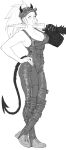  1girl absurdres bare_arms bare_shoulders breasts carrying_over_shoulder chipped_sword cleavage cross-laced_footwear crossed_legs demon_girl demon_horns demon_tail dorohedoro elbow_gloves empty_eyes ghdwid gloves greyscale hand_on_hip hand_up high_ponytail highres holding holding_knife holding_weapon horns jumpsuit kitchen_knife knee_guards knife korean_commentary large_breasts lineart long_hair looking_at_viewer mask mask_on_head monochrome nikaidou_(dorohedoro) open_mouth oven_mitts ponytail shoes sidelocks simple_background skin_tight sleeveless smile sneakers solo standing tail weapon 