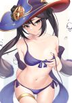  1girl :/ absurdres ass_visible_through_thighs bangs bare_arms bare_shoulders bikini black_hair breasts covering covering_breasts front-tie_top genshin_impact green_eyes hand_on_own_chest hat highres large_breasts long_hair looking_at_viewer mona_(genshin_impact) navel purple_bikini purple_headwear purple_nails see-through shirafuji_ene side-tie_bikini sidelocks skindentation solo stomach string_bikini swimsuit thigh_strap twintails two-tone_background untied untied_bikini water_drop wet witch_hat 