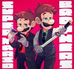  2boys bandages black_necktie black_suit blue_eyes brothers brown_hair copyright_name facial_hair formal glint gloves green_shirt gun highres hiyashimeso holding holding_gun holding_weapon katana long_sleeves luigi male_focus mario mario_(series) mario_bros. monocle multiple_boys mustache necktie red_background red_shirt sheath shirt siblings simple_background standing suit sword unsheathing watch_fob weapon white_gloves 