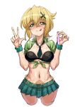  1girl :q akatsuki_kirika bikini bikini_top_only bikini_under_clothes black_bikini blonde_hair blush breasts condom green_eyes green_skirt hair_ornament looking_at_viewer medium_breasts navel senki_zesshou_symphogear shiny shiny_hair shiny_skin short_hair simple_background skirt smile solo standing sweat swimsuit syunzou tongue tongue_out used_condom v white_background x_hair_ornament 