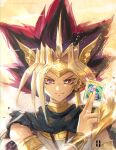  1boy absurdres bangs blonde_hair brown_hair card dark_magician dyed_bangs earrings hair_ornament hand_up highres hitokiri_battousai holding holding_card jewelry male_focus multicolored_hair necklace pink_eyes red_hair solo spiked_hair upper_body watermark web_address yami_yuugi yu-gi-oh! yu-gi-oh!_duel_monsters 