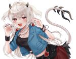  1girl bracelet commission crop_top cropped_jacket demon_girl demon_horns demon_tail fang highres horns indie_virtual_youtuber iyuko_(iyko_0) jewelry long_hair lucy_pyre midriff nail_polish necklace open_mouth red_eyes skeb_commission skirt tail white_hair 