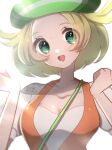  1girl :d absurdres artist_name bad_neck bianca_(pokemon) blonde_hair breasts cleavage flipped_hair green_eyes green_headwear hands_up highres kurumiya_(krmy_p) looking_at_viewer pokemon pokemon_(game) pokemon_bw short_hair simple_background small_breasts smile solo upper_body white_background 