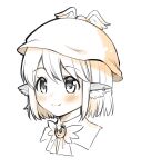  1girl animal_ears bird_ears blush closed_mouth earrings hair_between_eyes highres jewelry kapuchii monochrome mystia_lorelei portrait short_hair simple_background single_earring sketch smile solo touhou white_background winged_hat 