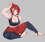  1girl arezu_(pokemon) arm_up bangs barefoot blush breasts cleavage collarbone grey_background highres knee_up large_breasts leggings looking_at_viewer midriff nintendo pokemon pokemon_(game) red_eyes red_hair red_nails shadertoons short_hair sidelocks simple_background sitting smile sports_bra sweat thick_thighs thighs toenails 
