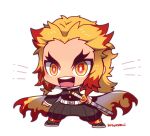  1boy blonde_hair cape chibi chibi_only emphasis_lines full_body highres kimetsu_no_yaiba kotorai long_sleeves male_focus multicolored_hair no_nose open_mouth rengoku_kyoujurou signature solo sword teeth thick_eyebrows upper_teeth_only weapon white_background white_cape 