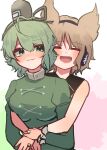  2girls absurdres black_headwear blush brown_hair closed_eyes closed_mouth commentary_request dress earmuffs green_dress green_eyes green_hair hat highres jewelry long_sleeves multiple_girls open_mouth pointy_hair ring soga_no_tojiko takana_(forsterite) tate_eboshi touhou toyosatomimi_no_miko upper_body variant_set yuri 