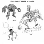  ball bionicle bohrok_(bionicle) cable character_name drill h.r._giger_(style) hahli_(bionicle) highres holding holding_ball humanoid_robot lehvak_(bionicle) long_fingers mantleheart non-humanoid_robot onua_(bionicle) robot simple_background smile squatting the_lego_group white_background 