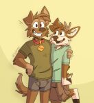 anthro antlers arm_around_shoulders bottomwear boxer_briefs brown_body brown_fur brown_hooves brown_nose bulge canid canine canis cargo_shorts clothing collar darwin_(tinydeerguy) deer detailed_background domestic_dog duo embrace fur green_clothing green_shirt green_t-shirt green_topwear grey_boxer_briefs grey_clothing grey_underwear gums_(mouth) hi_res hooves horn hug khaki_pants khaki_shorts male mammal matt_riskely open_mouth shirt shorts signature simple_background smile stained_shirt t-shirt tan_body tan_fur teal_clothing teal_shirt teal_t-shirt teal_topwear teeth_showing tinydeerguy tongue_showing topwear underwear yellow_background
