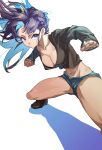  1girl absurdres black_shirt blue_eyes blue_hair blue_shorts breasts cleavage clenched_hand collarbone colored_inner_hair crop_top fighting_stance highres long_hair long_sleeves medium_breasts midriff multicolored_hair navel original purple_hair rasetsu001 shadow shirt short_shorts shorts simple_background solo two-tone_hair white_background 