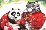 asian_clothing bear black_and_white_fur cake chinese_clothing clothing dessert dreamworks duo east_asian_clothing eating felid food giant_panda hi_res humor kung_fu_panda male male/male mammal master_po_ping ottotopus overweight pantherine snow_leopard tai_lung_(kung_fu_panda) wedding wedding_cake