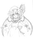  1girl adapted_costume back_bow bat_wings bow collared_shirt dress fang frilled_shirt_collar frills graphite_(medium) greyscale hat head_tilt highres large_bow looking_at_viewer marukyuu_ameya medium_hair mob_cap monochrome open_mouth pointy_ears remilia_scarlet shirt sketch skin_fang sleeveless sleeveless_dress solo touhou traditional_media wings wrist_cuffs 