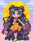  1girl anklet bare_arms bare_shoulders barefoot bishoujo_senshi_sailor_moon black_cat black_dress black_hair blue_background blue_eyes blush_stickers bow bowtie cat crescent crescent_earrings crescent_facial_mark crescent_necklace dangle_earrings dress dual_persona earrings eyelashes facial_mark fog forehead_mark full_body full_moon gradient_background hand_on_own_chest heart jewelry layered_dress long_dress long_hair looking_at_viewer luna_(sailor_moon) luna_(sailor_moon)_(human) moon multiple_hair_buns nail_polish necklace open_mouth orange_bow orange_bowtie orange_nails pink_background pleated_skirt simple_background skirt sleeveless sleeveless_dress smile sparkle striped_clothes striped_dress terada_tera toes vertical-striped_clothes vertical-striped_dress very_long_hair yellow_dress 