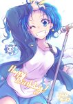  1girl black_jacket blue_eyes blue_hair blue_skirt blue_sky casual cloud cloudy_sky cowboy_shot crown_earrings dated day english_text grin hair_ribbon hand_in_own_hair happy_birthday highres jacket kirakira_precure_a_la_mode lion looking_at_viewer medium_hair microphone_stand miniskirt muusu off_shoulder one_eye_closed outdoors precure ribbon skirt sky smile solo standing tank_top tategami_aoi white_tank_top yellow_ribbon 