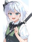  1girl :d absurdres asuka_shirou black_bow black_bowtie black_hairband blue_eyes blush bow bowtie commentary green_vest grey_hair hairband highres konpaku_youmu looking_at_viewer open_mouth short_hair short_sleeves smile solo sword sword_behind_back symbol-only_commentary touhou upper_body vest weapon 