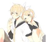  1boy 1girl blonde_hair blue_eyes blush brother_and_sister hair_ornament hair_ribbon hairclip headphones headset kagamine_len kagamine_rin necktie prin_dog ribbon sailor_collar short_hair siblings treble_clef twins vocaloid yellow_necktie 