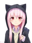  1girl animal_hood arm_up bag black_hoodie blush carrying_over_shoulder cat_hood danraz0r eyebrows_visible_through_hair frown hair_between_eyes highres holding_strap hood hoodie long_hair looking_at_viewer mixed-language_commentary open_clothes open_hoodie original pink_hair purple_shirt red_eyes school_bag shirt sidelocks simple_background sleeves_past_wrists solo tan_sweater tareme twitter_username upper_body white_background 