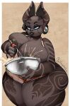 absurd_res anthro apron apron_only big_breasts bodily_fluids body_tattoo boob_press breast_squish breasts brown_body clothing domestic_cat ear_piercing felid feline felis female fragomatesh gauged_ear grabbing_object green_eyes hairless hairless_cat hi_res huge_breasts huge_thighs ixchel_(charliecorvinus) lactating lactating_into_bowl looking_at_object mammal mixing_bowl mixing_spoon nipple_piercing nipples overflowing_container piercing solo sphynx_(cat) squish stirring thick_thighs