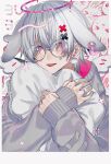  1boy animal_ears bishounen commentary_request droopy_ears earrings grey_hair hair_between_eyes hair_ornament halo heart highres hugging_object iyo_(iyoo) jewelry long_sleeves male_focus multiple_rings original pillow pillow_hug pink_eyes rabbit rabbit_boy rabbit_ears ring ringed_eyes short_hair solo stud_earrings teardrop-framed_glasses tongue tongue_out upper_body x_hair_ornament 