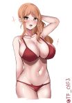  1girl blonde_hair blush bra breasts brown_eyes brown_hair cowboy_shot hair_between_eyes highres kantai_collection large_breasts littorio_(kancolle) long_hair looking_at_viewer navel one-hour_drawing_challenge open_mouth panties polka_dot ponytail red_bra red_panties smile solo sparkle tf_cafe twitter_username underwear wavy_hair white_background 