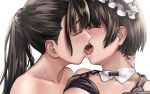  2girls black_bra black_hair blush bra bra_lift closed_eyes commentary_request detached_collar french_kiss hand_on_another&#039;s_neck highres kiss long_hair maid_headdress multiple_girls open_mouth original ponytail saliva simple_background sweat takekawa_shin tongue tongue_out underwear upper_body white_background yuri 