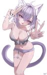  1girl absurdres ahoge animal_ear_fluff animal_ears bare_shoulders blush breasts camisole cat_ears cat_girl cat_tail fangs grey_camisole hair_between_eyes highres hololive kkato large_breasts looking_at_viewer navel nekomata_okayu open_mouth purple_eyes purple_hair purple_shorts short_hair short_shorts shorts solo tail thighs virtual_youtuber 
