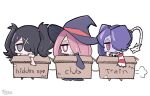  3girls @_@ ame-chan_(needy_girl_overdose) artist_name bare_shoulders black_eyes black_hair box bright_pupils chibi closed_mouth colored_skin crossover detached_sleeves english_commentary english_text hair_ornament hair_over_one_eye hat highres holding holding_box inerururu jitome little_witch_academia long_hair long_sleeves luna_nova_school_uniform multiple_girls needy_girl_overdose no_shoes object_through_head open_mouth pale_skin pink_eyes pink_hair puff_of_air purple_hair purple_skin school_uniform short_sleeves side_ponytail signature simple_background skull skullgirls sleeves_past_fingers sleeves_past_wrists smile squigly_(skullgirls) stitched_mouth stitches string striped_clothes striped_sleeves sucy_manbavaran twintails white_background white_pupils white_sleeves witch_hat x_hair_ornament zombie 