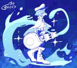  1girl blue_background blue_eyes blue_hair boots capelet commentary from_side full_body hat highres inkling inkling_girl inkling_player_character limited_palette medium_hair nautilus_(splatoon) peaked_cap pointy_ears solo sparkle splatoon_(series) splatoon_3 tentacle_hair tokkibada walking white_capelet white_footwear 
