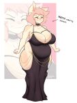 2024 anthro artist_name belly big_breasts black_clothing black_dress blowup_background breasts capri_(doxxyl) choker cleavage clothed clothing domestic_cat doxxyl dress english_text eyebrows eyes_closed felid feline felis female fully_clothed hair hi_res hollow_hip_dress huge_breasts inner_ear_fluff jewelry legs_together mammal meme meme_clothing necklace pink_hair prosthetic prosthetic_leg prosthetic_limb short_hair simple_background slightly_chubby smile solo standing text thick_thighs tuft wide_hips