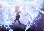  1boy angel_wings bishounen building cellphone city_lights cityscape cloud cloudy_sky collared_shirt crossed_legs ecoplasma feathered_wings finger_gun flip_phone flying full_body grey_shirt halo highres holding holding_phone kiryuu_yoshiya male_focus midair multiple_wings night night_sky phone purple_eyes seraph shirt sitting sky skyscraper smile solo subarashiki_kono_sekai wings 